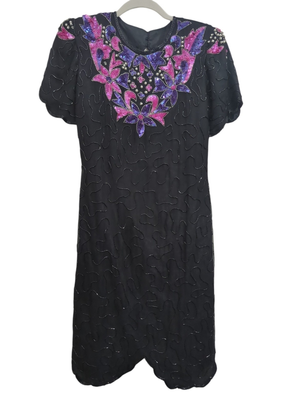 Vtg Leslie Fay Evenings Black Silk Beaded Sequin Floral Cocktail Dress Size 8